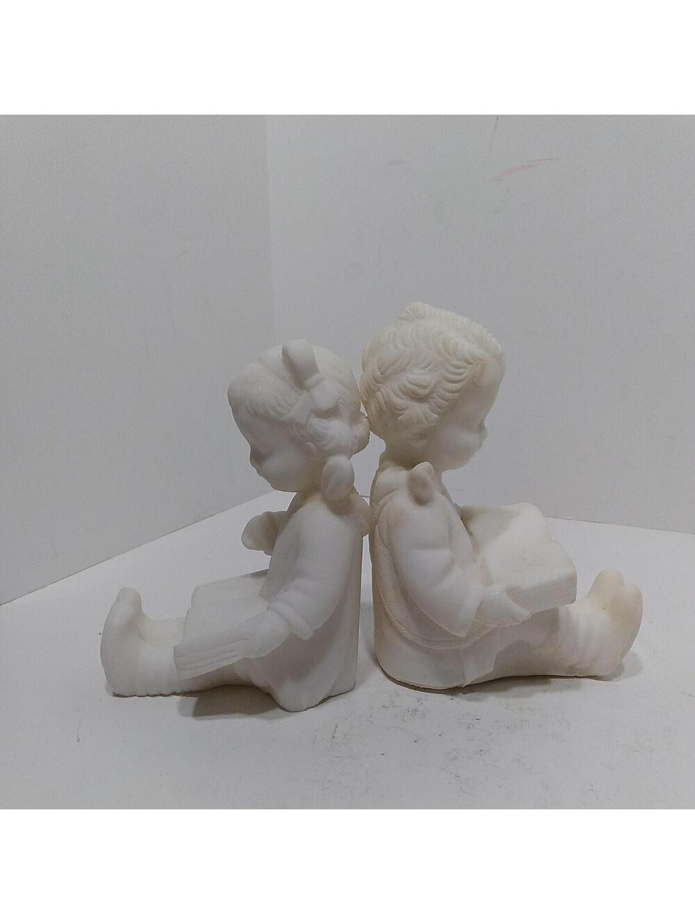 Vtg Figurines  Boy&Girl Children Reading Books PAIR Bookends Salty Clay Material